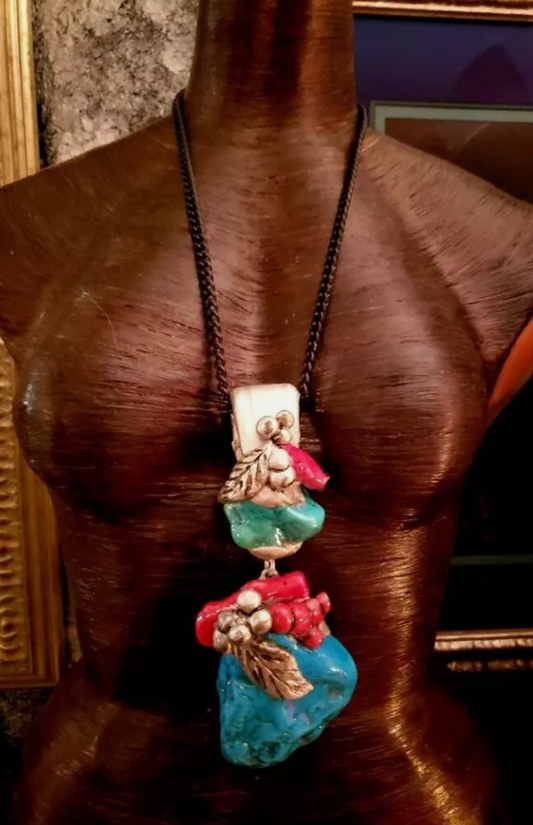 Magnesite and Red Branch Coral Sculpted Western Pendant - Faux Turquoise & Coral Rodeo Attire - Kat Kouture Jewelry Cowgirl Cowboy Styled Ranch Wear