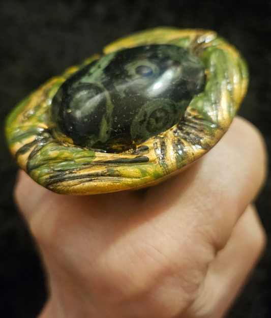 Kambaba Sculpted Statement Ring Size 8-9 - Exotic Green and Black Crocodile Eyes Gemstone Finger Candy - Jungle Inspired Cocktail Ring - Kat Kouture Jewelry