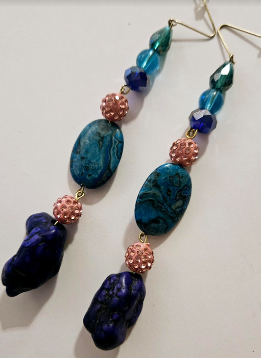 Jewel Tone Mixed Media Beaded Shoulder Duster Pierced Earrings - Purple Pink Blue & Green Extra Long Ear Candy - Kat Kouture Jewelry