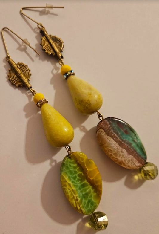 Exotic Green Yellow and Gold Shoulder Duster Earrings - Long Summer Pierced Ear Candy - Wild OOAK Wearable Art Earrings - Kat Kouture Jewelry