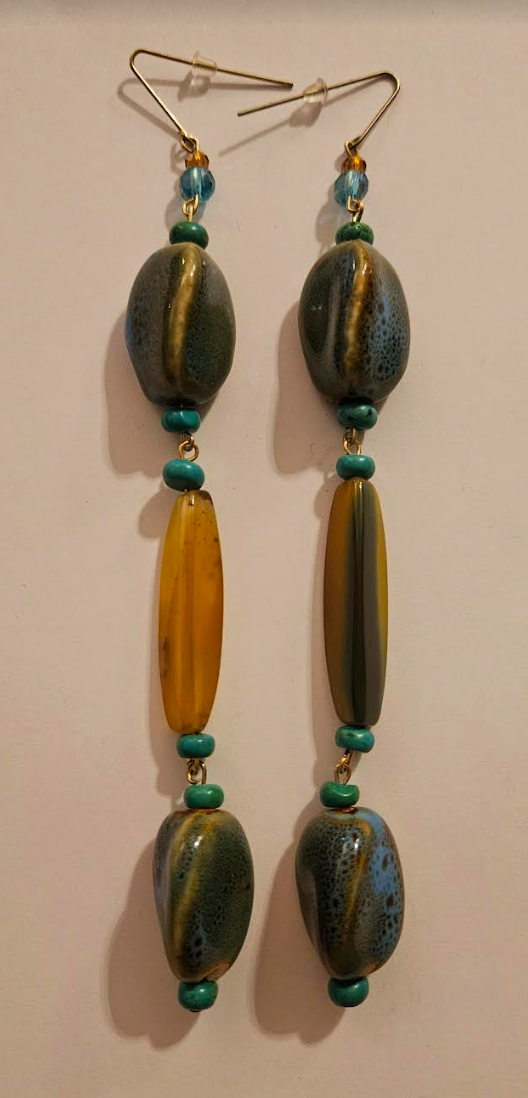 Olive & Yellow Super Long Pierced Earrings - Agate Turquoise and Porcelian Shoulder Dusters - Avant Garde Ear Candy - Kat Kouture Jewelry