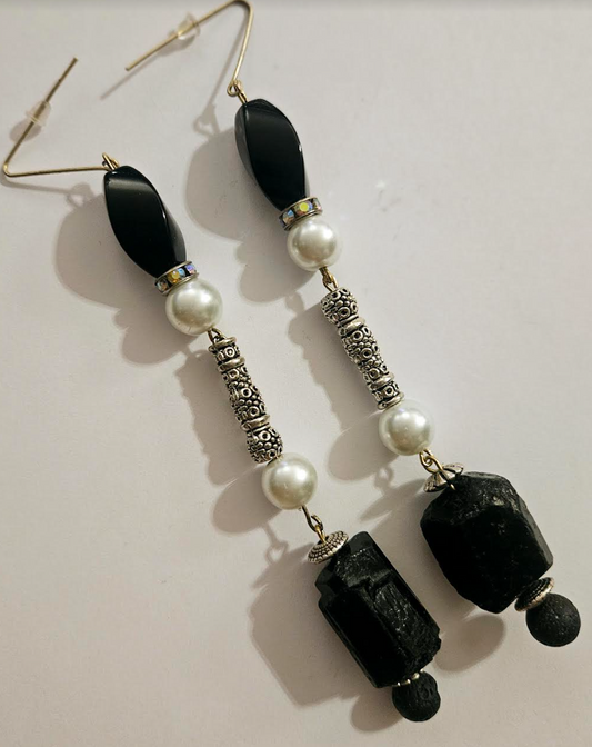 Black White & Silver Avant Garde Shoulder Dusters - Rough Tourmaline Faux Pearl and Onyx Super Long Pierced Earrings - Black Tie Ear Candy - Kat Kouture Jewelry