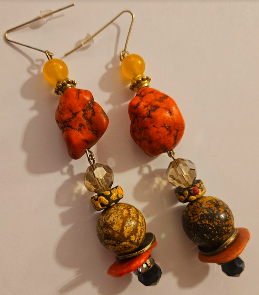 Orange Faux Turquoise Nugget & Mixed Media Shoulder Dusters - Autumn Wardrobe Ear Candy - Women of Color Pierced Earrings - Kat Kouture Jewelry