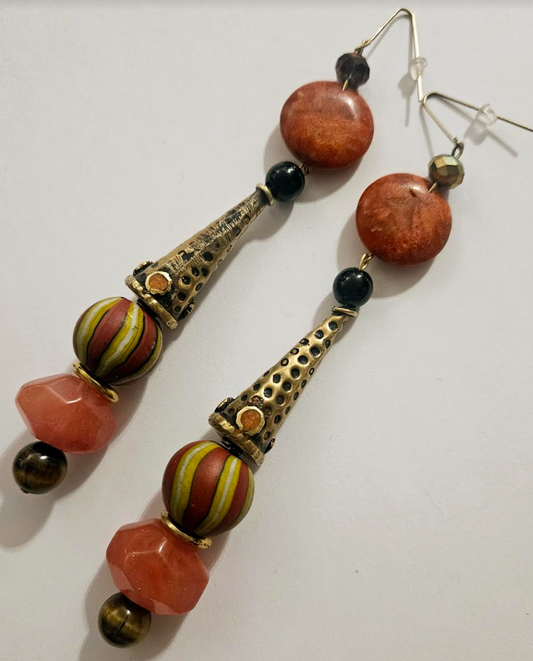 Exotic Orange Black & Gold Tribal Shoulder Dusters - Coral Brass Gemstone and Glass Extra Long Ear Candy - Kat Kouture Jewelry