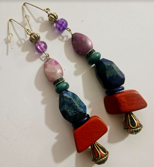 Mixed Media Colorful Gemstone & Bead Long Pierced Earrings - Blue Green Pink and Red Shoulder Dusters - Kat Kouture Jewelry - Pop of Color Ear Candy