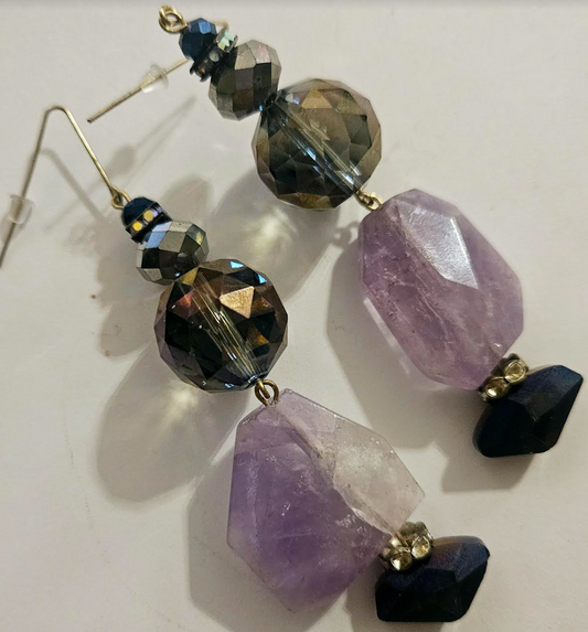 Purple Crystal and Faceted Amethyst Dangle Pierced Earrings - Lavender Gemstone Drop Fancy Ear Candy - Kat Kouture Jewelry