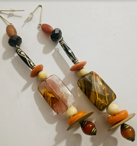 Exotic Long Shoulder Duster Earrings for Fall - Strawberry Quartz and Mixed Media Long Pierced Earrings - Ear Candy Women of Color - Kat Kouture Jewelry