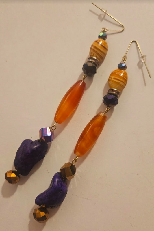 Super Long Orange and Purple Gemstone Shoulder Dusters - Artisan Beaded Extra Long Bohemian Pierced Earrings - Kat Kouture Jewelry