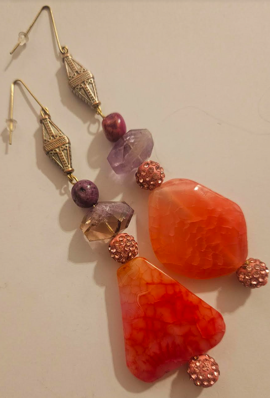 Pink Dragon's Agate Amethyst & Rhinestone Shoulder Dusters - Extra Long Gemstone Pierced Earrings - OOAK Artisan Ear Candy - Kat Kouture Jewelry