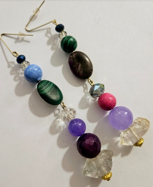 Mixed Gemstone Shoulder Dusters - Colorful Beaded Long Pierced Earrings - Kat Kouture Jewelry - Mismatched Earring Set