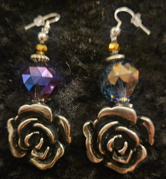 Silver Tone and Black Rose Dangle Pierced Earrings - Huge Purple Aurora Borealis Crystal Drop Ear Candy - Kat Kouture Jewelry