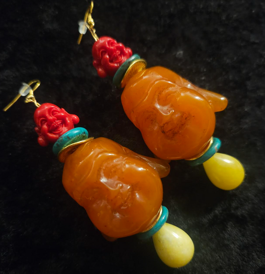 Orange Buddha Head Tribal Pierced Earrings - Funky Asian God Ear Candy - OOAK Wearable Art Ethnic Earrings - Kat Kouture Jewelry - Whimsical Shoulder Dusters