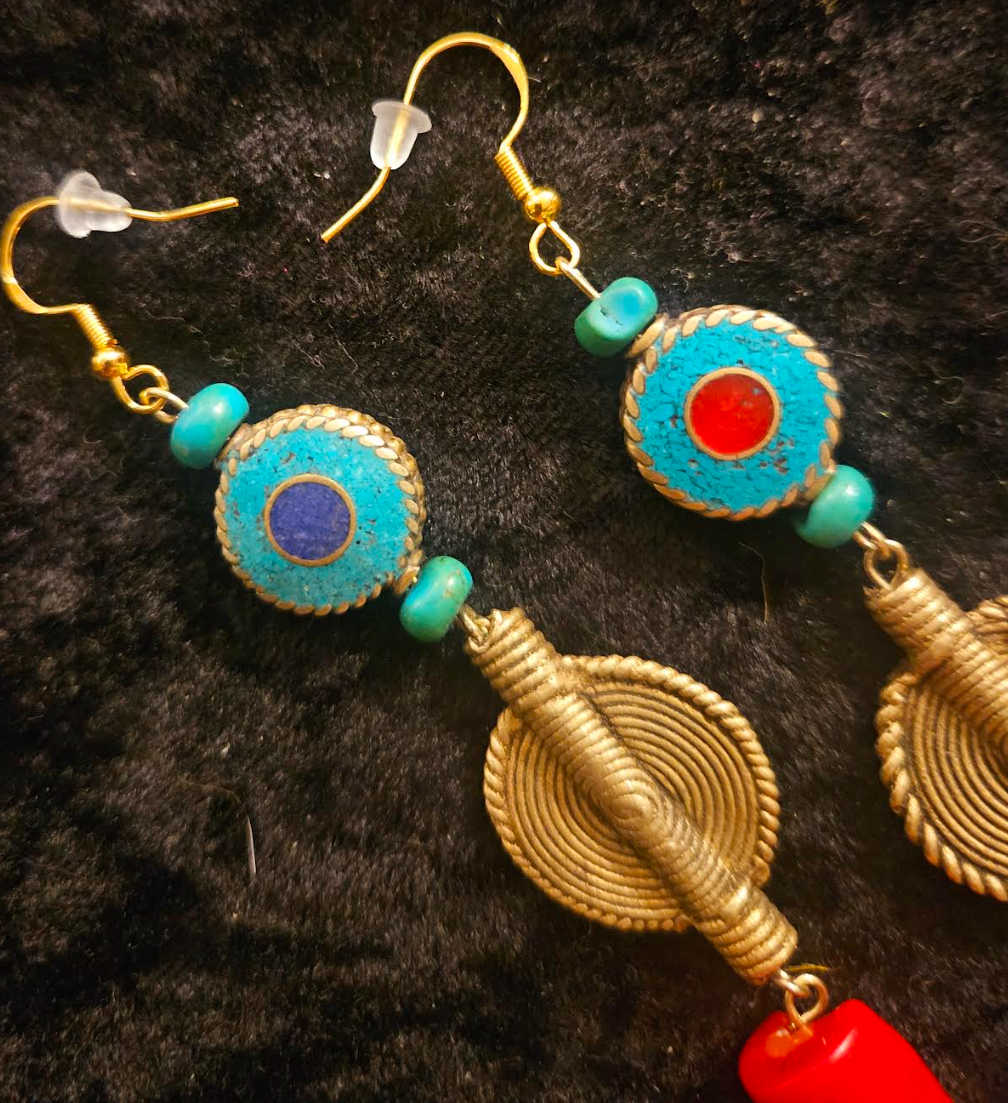 African Tibetan Tribal Long Beaded Pierced Earrings - Red Gold Blue & Green Ethnic Dangle Ear Candy - Kat Kouture Jewelry