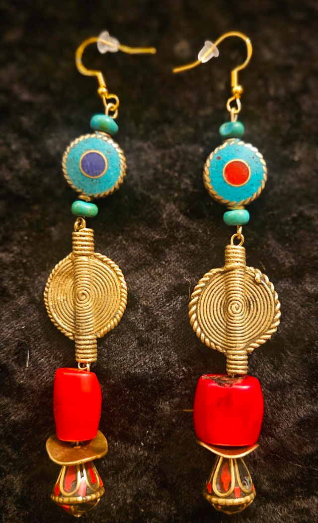 African Tibetan Tribal Long Beaded Pierced Earrings - Red Gold Blue & Green Ethnic Dangle Ear Candy - Kat Kouture Jewelry