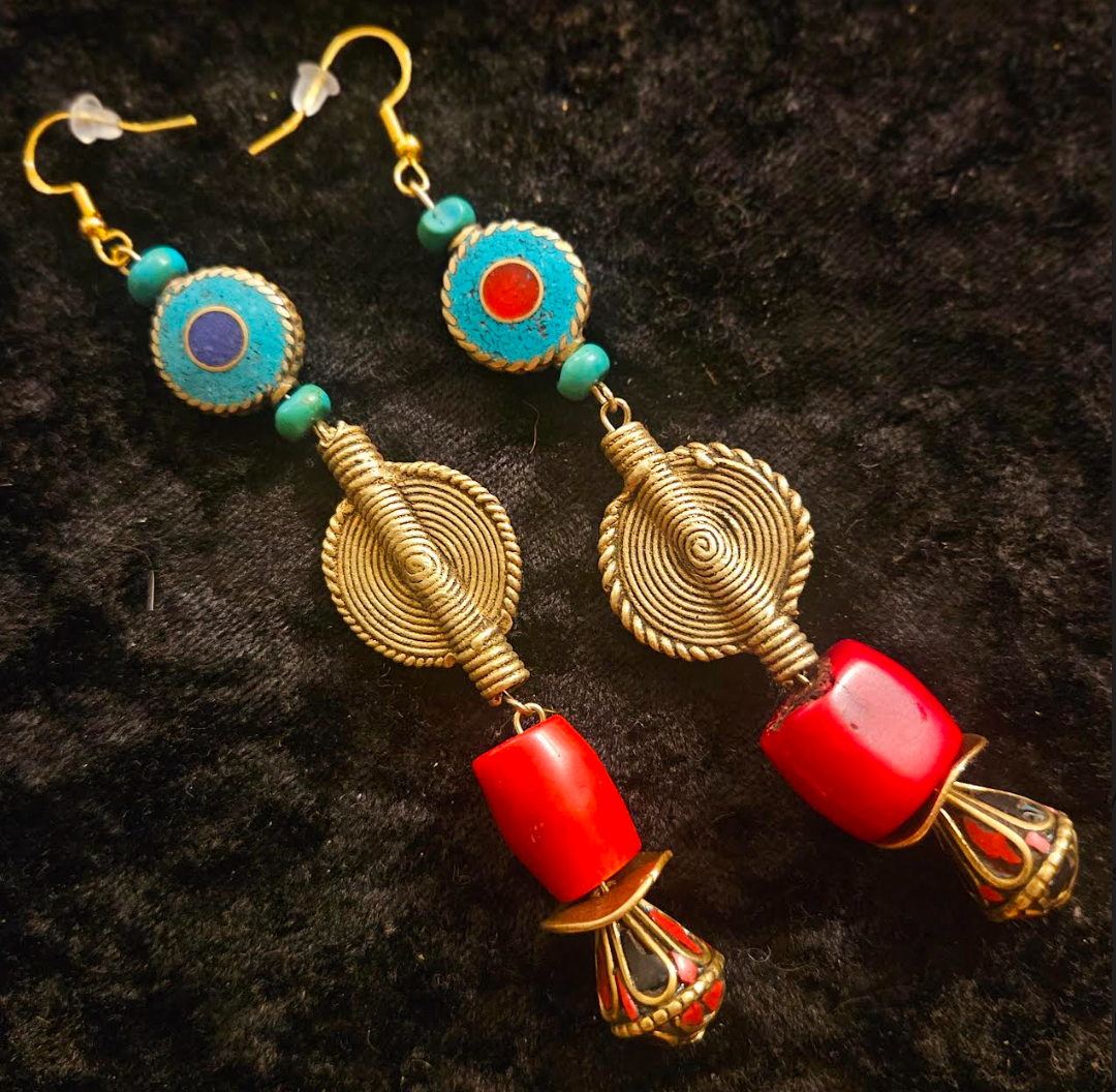 African Tibetan Tribal Long Beaded Pierced Earrings - Red Gold Blue & Green Ethnic Dangle Ear Candy - Kat Kouture Jewelry