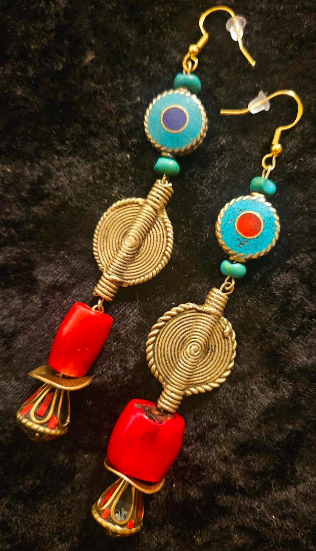 African Tibetan Tribal Long Beaded Pierced Earrings - Red Gold Blue & Green Ethnic Dangle Ear Candy - Kat Kouture Jewelry