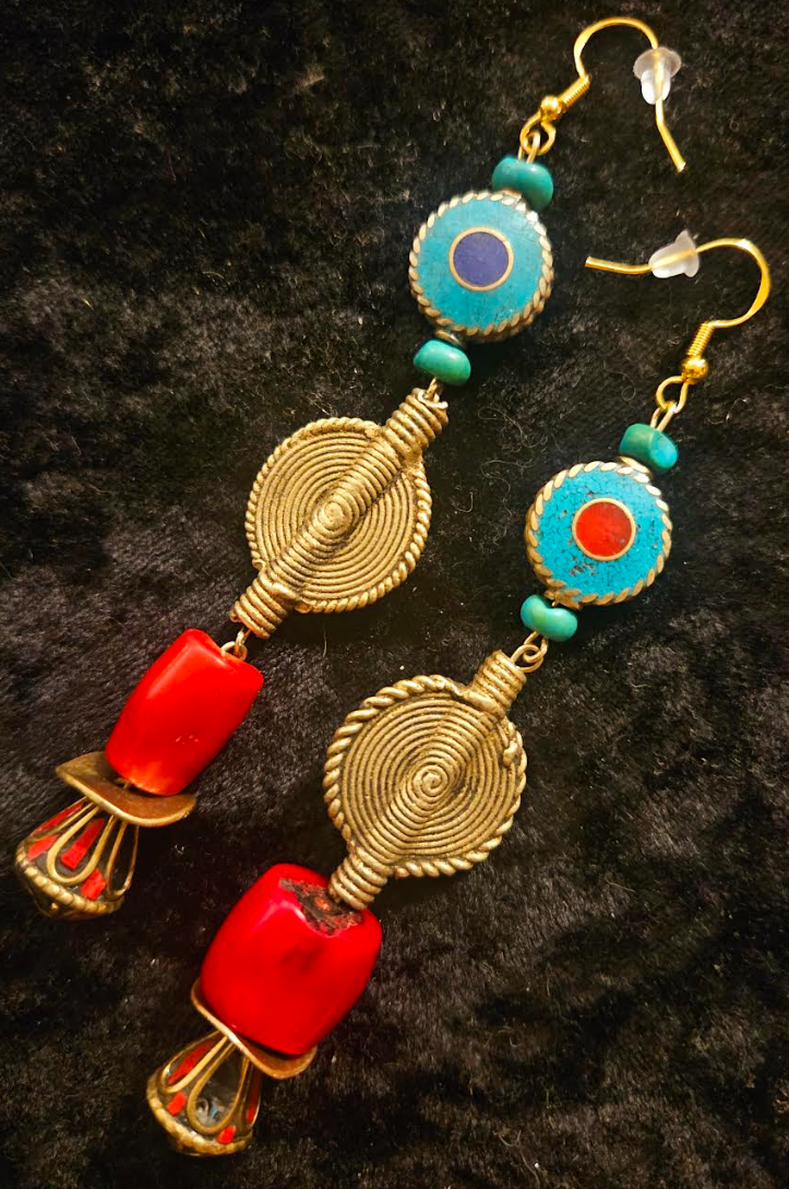 African Tibetan Tribal Long Beaded Pierced Earrings - Red Gold Blue & Green Ethnic Dangle Ear Candy - Kat Kouture Jewelry