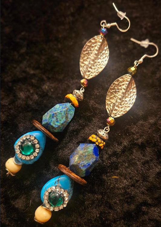 Blue Green & Silver Mixed Media Long Beaded Pierced Earrings - Azurite Shoulder Dusters - Exotic OOAK Beaded Dangle Ear Candy - Kat Kouture Jewelry