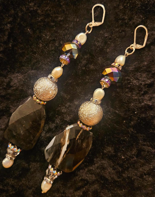 Fancy Smoky Quartz Shoulder Duster Pierced Earrings - Black Tie Long Beaded Gemstone Bling Ear Candy - Kat Kouture Jewelry