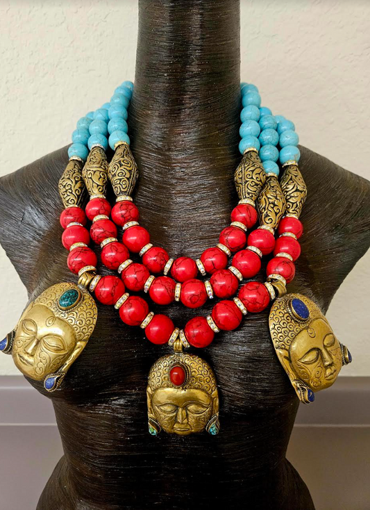 Luxury Tibetan Buddha Beaded Chest Piece - Bold Chunky & Heavy Magnesite and Brass Repousse Statement Necklace - Haute Couture Ethnic Bib - Kat Kouture Jewelry - Museum Quality Met Gala Style Accessory