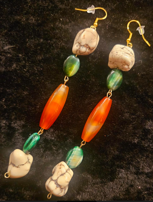 Orange Green & Off-White Gemstone Shoulder Duster Pierced Earrings - Agate Green Tiger's Eye and Howlite Super Long Ear Candy - Autumn Accessory for Women of Color - Kat Kouture Jewelry