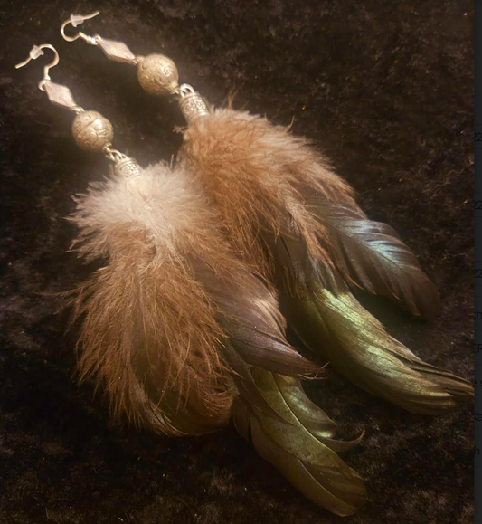 Earth Tone Feather Shoulder Duster Pierced Earrings - Modern Bohemian Super Long Ear Candy - Kat Kouture Jewelry - Natural Warm Tone Feather Earrings