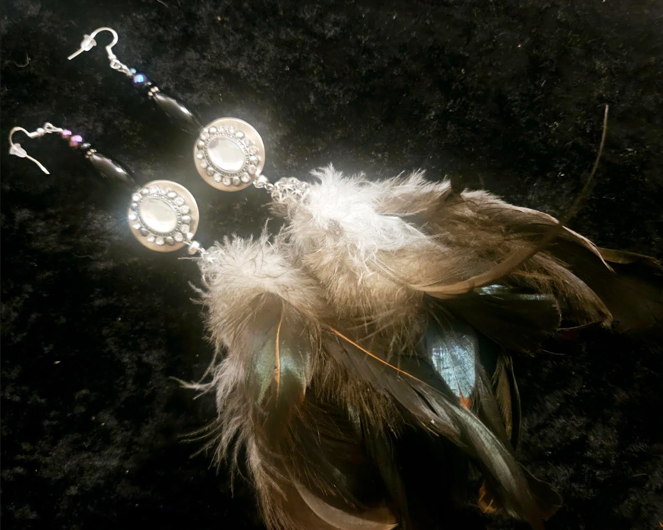 Exotic and Wild Earth Tone Feather Duster Pierced Earrings with Rhinestone Accents - Black Brown and Silver Dramatic Rhinestone and Feather Ear Candy - Kat Kouture Jewelry