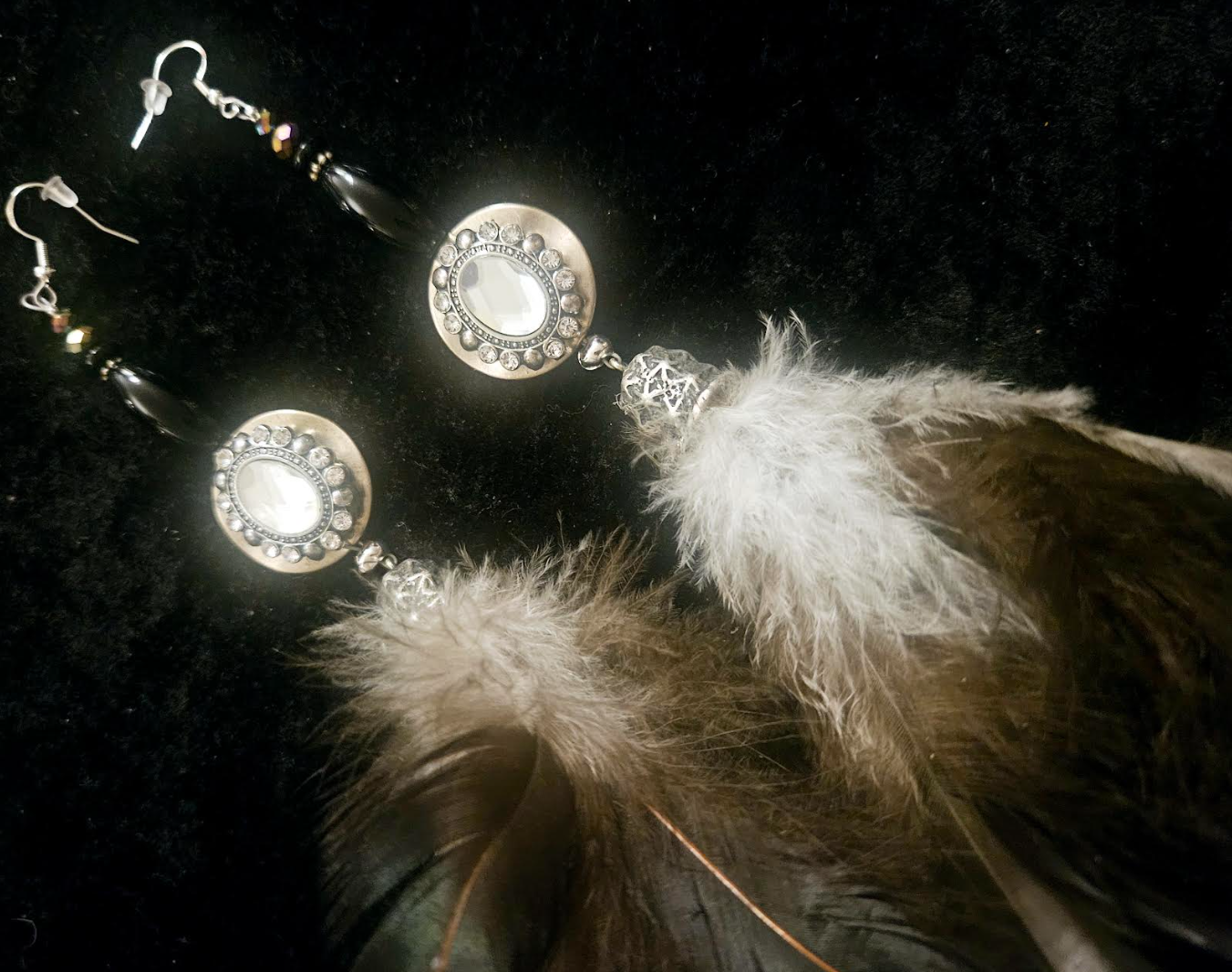 Exotic and Wild Earth Tone Feather Duster Pierced Earrings with Rhinestone Accents - Black Brown and Silver Dramatic Rhinestone and Feather Ear Candy - Kat Kouture Jewelry