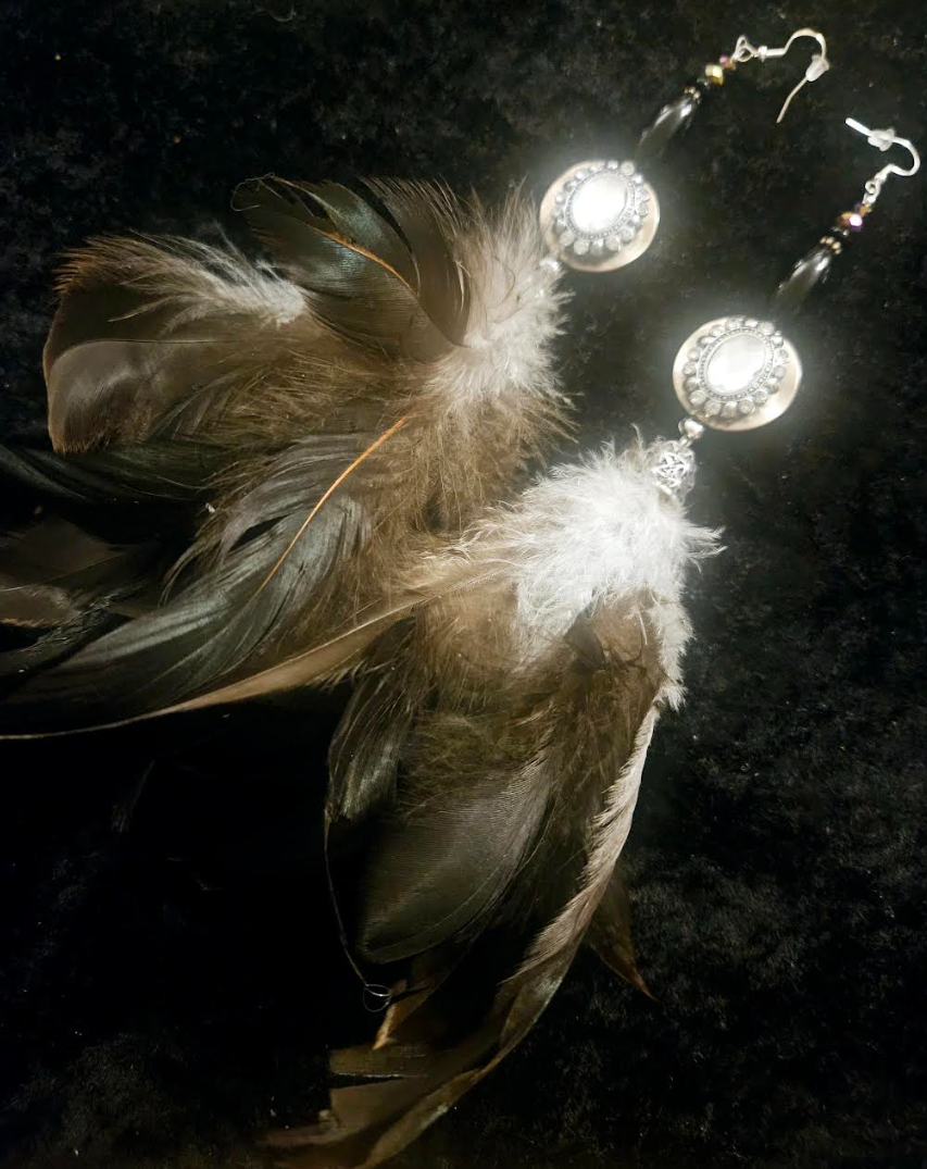 Exotic and Wild Earth Tone Feather Duster Pierced Earrings with Rhinestone Accents - Black Brown and Silver Dramatic Rhinestone and Feather Ear Candy - Kat Kouture Jewelry