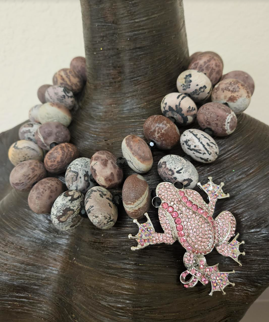 Oversized Heavy Leopard Jasper Multi Strand Statement Necklace With Rhinestone Frog - Kat Kouture Jewelry - Bold Chunky & Dramatic Exotic Beaded Chest Piece