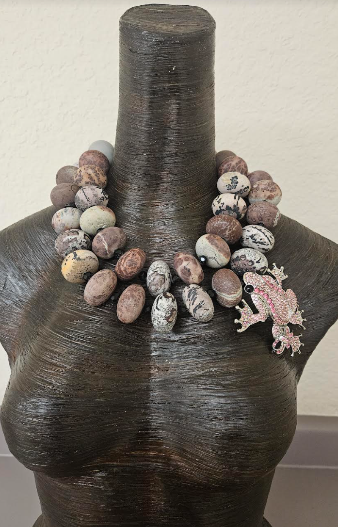 Oversized Heavy Leopard Jasper Multi Strand Statement Necklace With Rhinestone Frog - Kat Kouture Jewelry - Bold Chunky & Dramatic Exotic Beaded Chest Piece