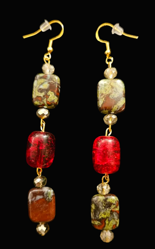 Dragon's Blood Jasper & Red Glass Long Bead Pierced Statement Earrings