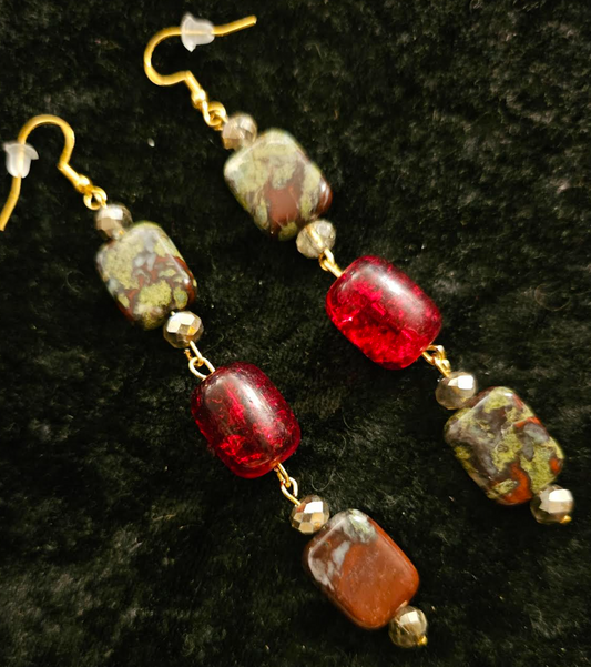 Dragon's Blood Jasper & Red Glass Long Dangle Pierced Earrings - Exotic Gemstone Shoulder Duster Ear Candy - Kat Kouture Jewelry