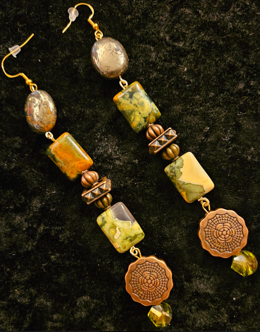 Rhyolite Pyrite & Copper Shoulder Duster Pierced Earrings - Earthy Gemstone and Metal Super Long Ear Candy - Autumn Earlobe Accessory - Kat Kouture Jewelry