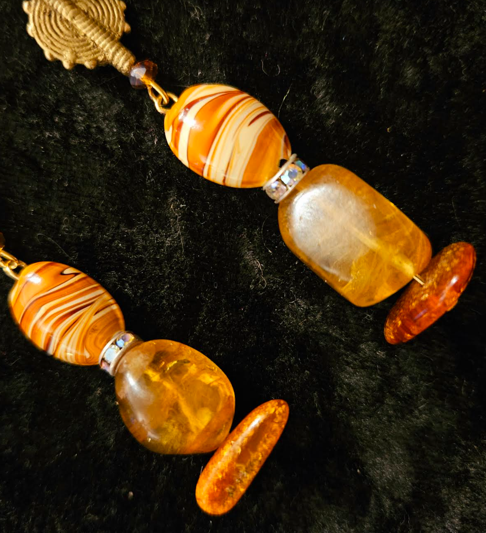 Orange & Gold Beaded Exotic Shoulder Dusters - Amber Agate Crystal and Brass Long Pierced Earrings - Ear Candy for Autumn Wardrobe - Kat Kouture Jewelry