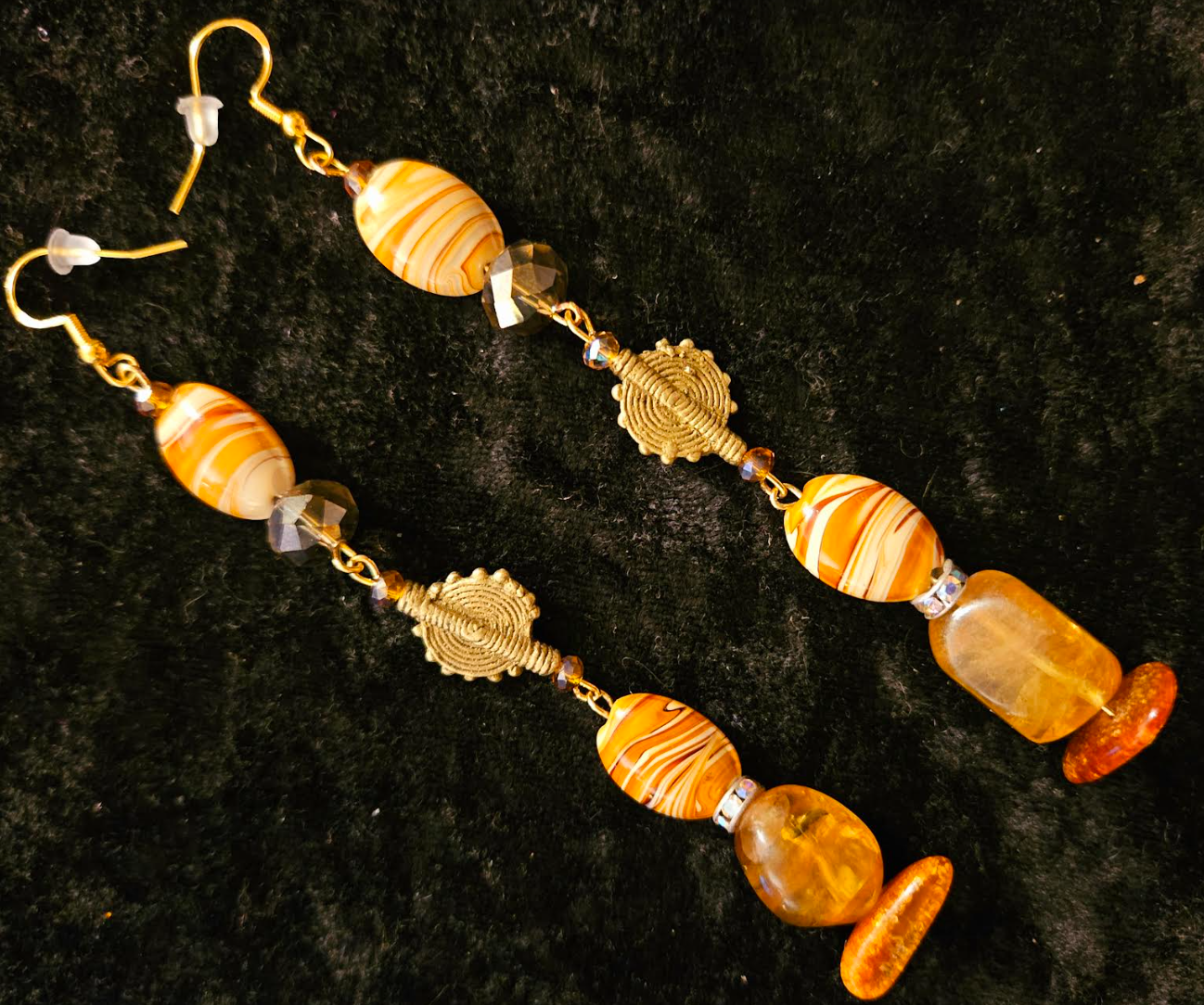 Orange & Gold Beaded Exotic Shoulder Dusters - Amber Agate Crystal and Brass Long Pierced Earrings - Ear Candy for Autumn Wardrobe - Kat Kouture Jewelry