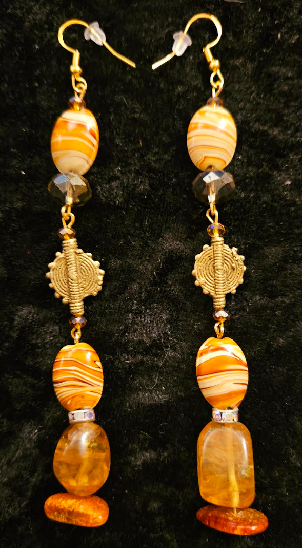 Orange & Gold Beaded Exotic Shoulder Dusters - Amber Agate Crystal and Brass Long Pierced Earrings - Ear Candy for Autumn Wardrobe - Kat Kouture Jewelry