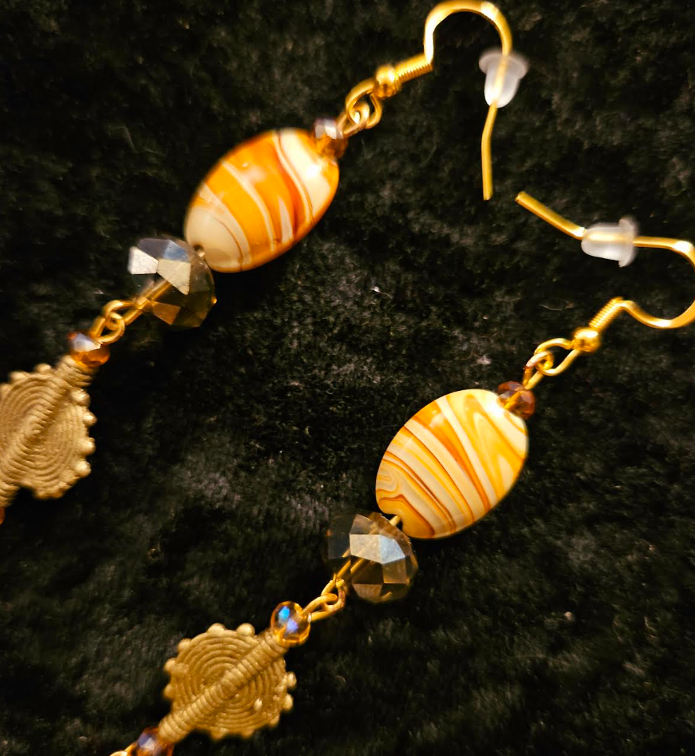 Orange & Gold Beaded Exotic Shoulder Dusters - Amber Agate Crystal and Brass Long Pierced Earrings - Ear Candy for Autumn Wardrobe - Kat Kouture Jewelry