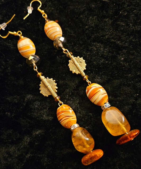 Orange & Gold Beaded Exotic Shoulder Dusters - Amber Agate Crystal and Brass Long Pierced Earrings - Ear Candy for Autumn Wardrobe - Kat Kouture Jewelry