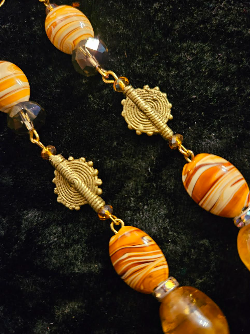 Orange & Gold Beaded Exotic Shoulder Dusters - Amber Agate Crystal and Brass Long Pierced Earrings - Ear Candy for Autumn Wardrobe - Kat Kouture Jewelry