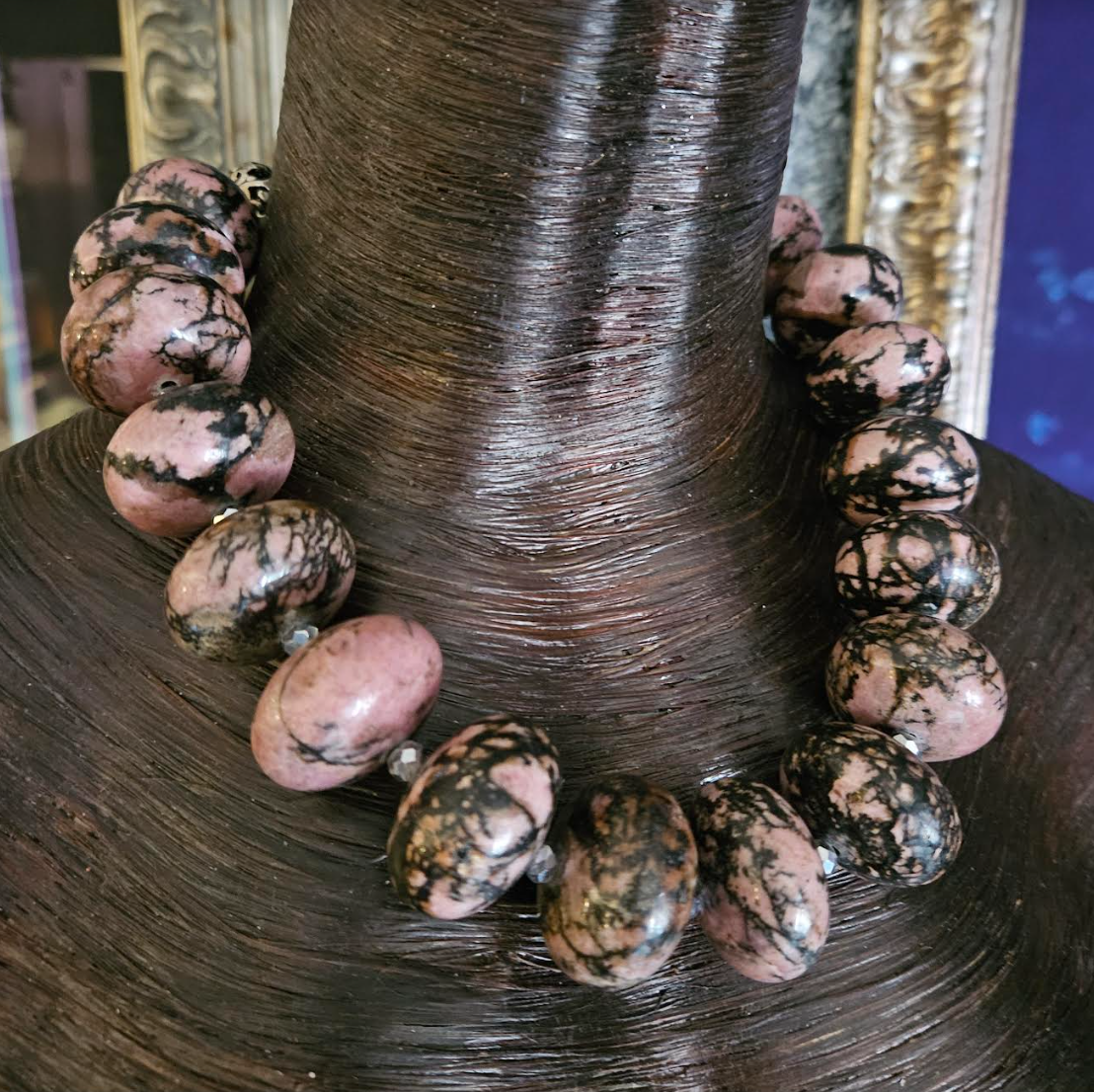 Rhodonite Rondelle Bold Chunky & Heavy Statement Necklace - Pink and Black Gemstone Neck Candy - Oversized Stone Socialite Choker - Kat Kouture Jewelry