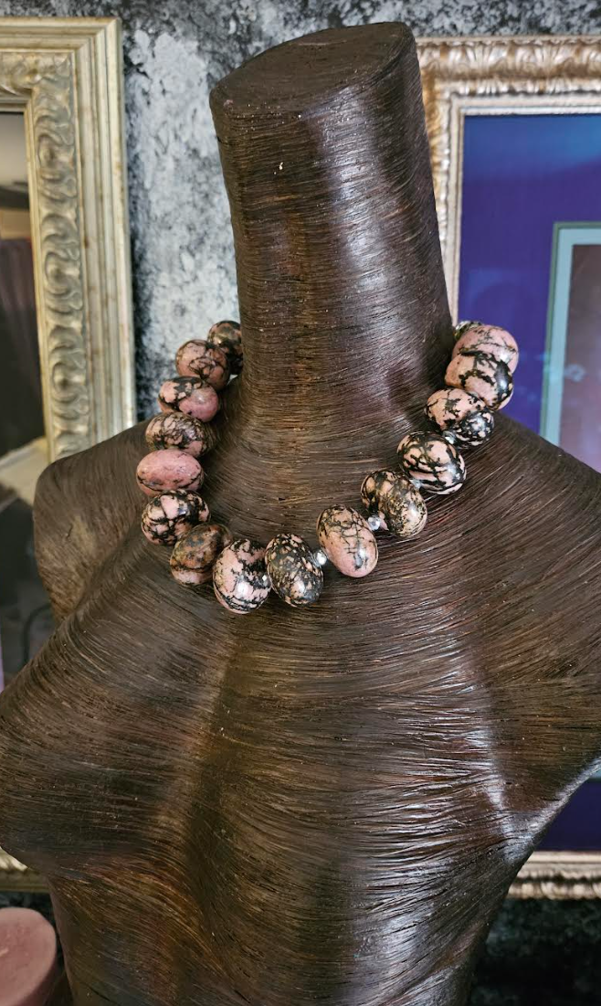 Rhodonite Rondelle Bold Chunky & Heavy Statement Necklace - Pink and Black Gemstone Neck Candy - Oversized Stone Socialite Choker - Kat Kouture Jewelry