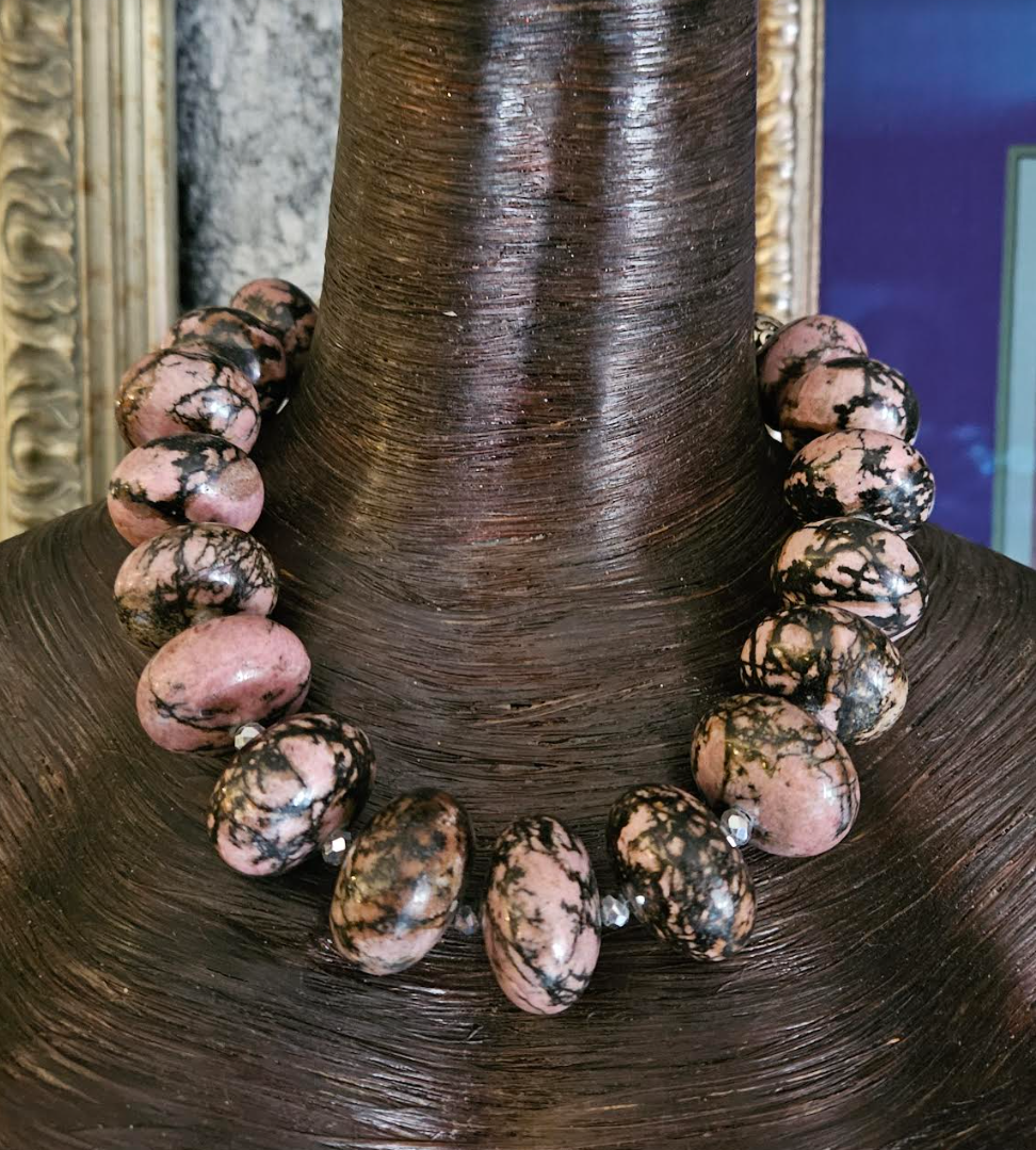 Rhodonite Rondelle Bold Chunky & Heavy Statement Necklace - Pink and Black Gemstone Neck Candy - Oversized Stone Socialite Choker - Kat Kouture Jewelry