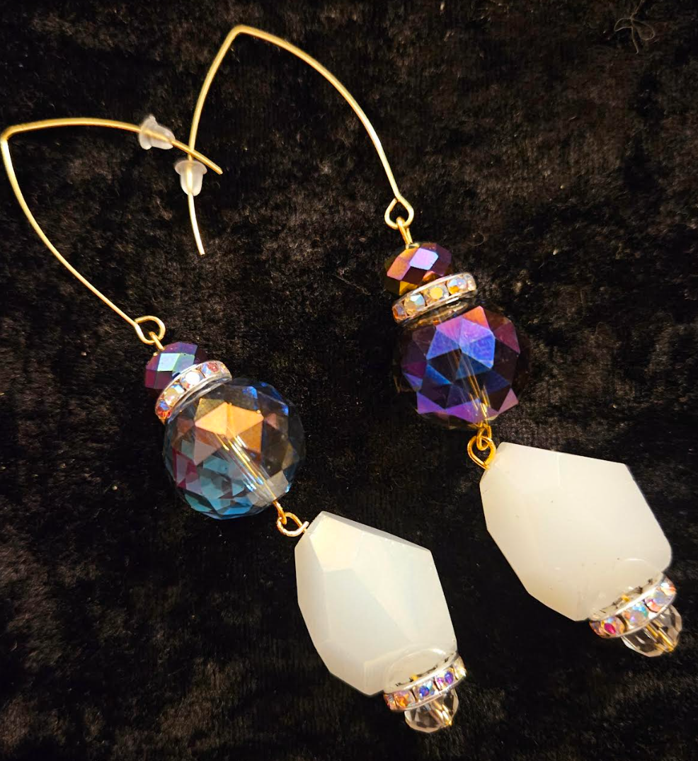 Purple and White Faceted Crystal Dressy Pierced Earrings - Wearable Art Glass Ear Candy - Kat Kouture Jewelry