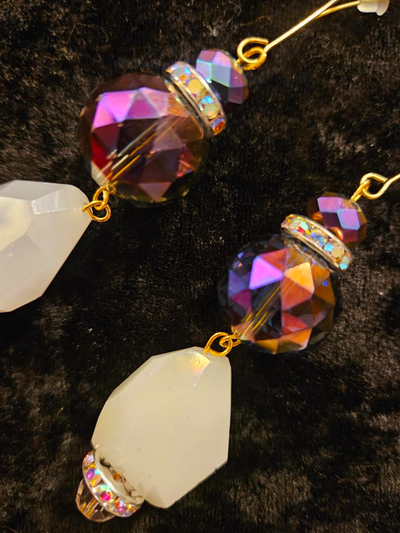 Purple and White Faceted Crystal Dressy Pierced Earrings - Wearable Art Glass Ear Candy - Kat Kouture Jewelry