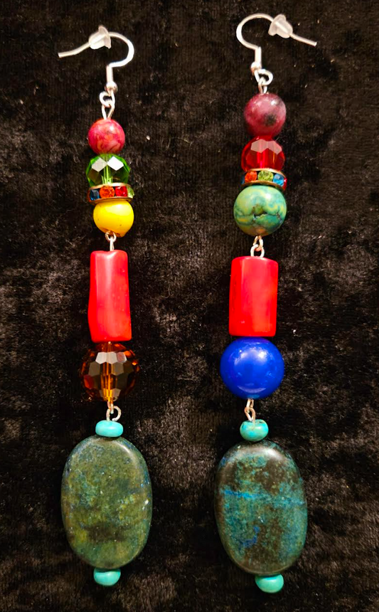 Bold Chunky & Colorful Beaded Shoulder Duster Pierced Earrings - Blue Red and Green Super Long Ear Candy - Kat Kouture Jewelry