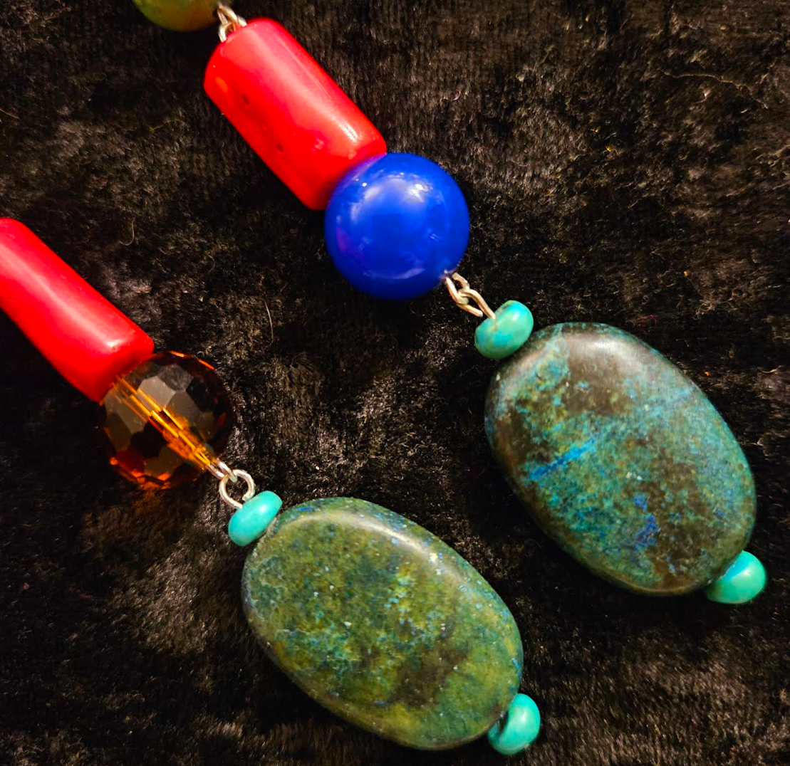 Bold Chunky & Colorful Beaded Shoulder Duster Pierced Earrings - Blue Red and Green Super Long Ear Candy - Kat Kouture Jewelry