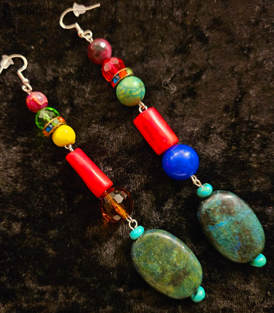 Bold Chunky & Colorful Beaded Shoulder Duster Pierced Earrings - Blue Red and Green Super Long Ear Candy - Kat Kouture Jewelry