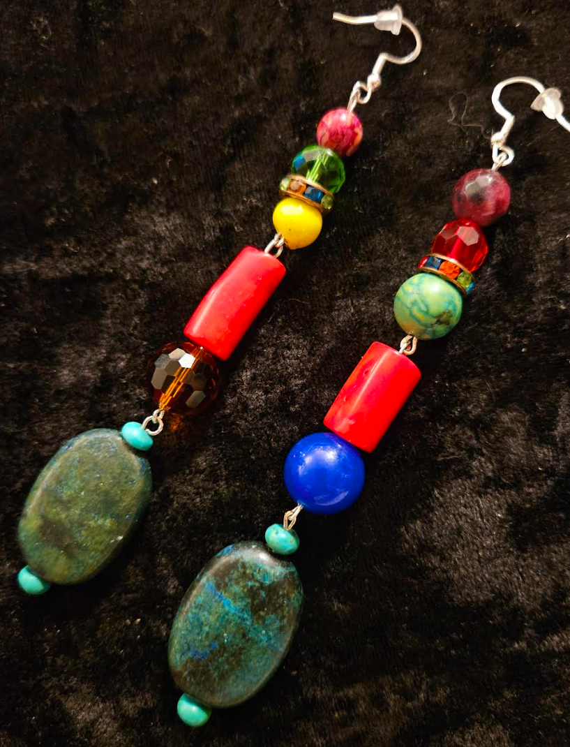 Bold Chunky & Colorful Beaded Shoulder Duster Pierced Earrings - Blue Red and Green Super Long Ear Candy - Kat Kouture Jewelry