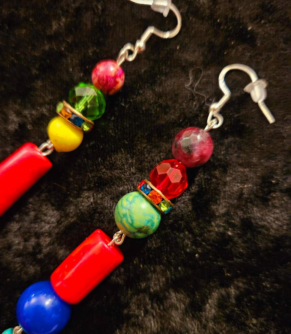 Bold Chunky & Colorful Beaded Shoulder Duster Pierced Earrings - Blue Red and Green Super Long Ear Candy - Kat Kouture Jewelry